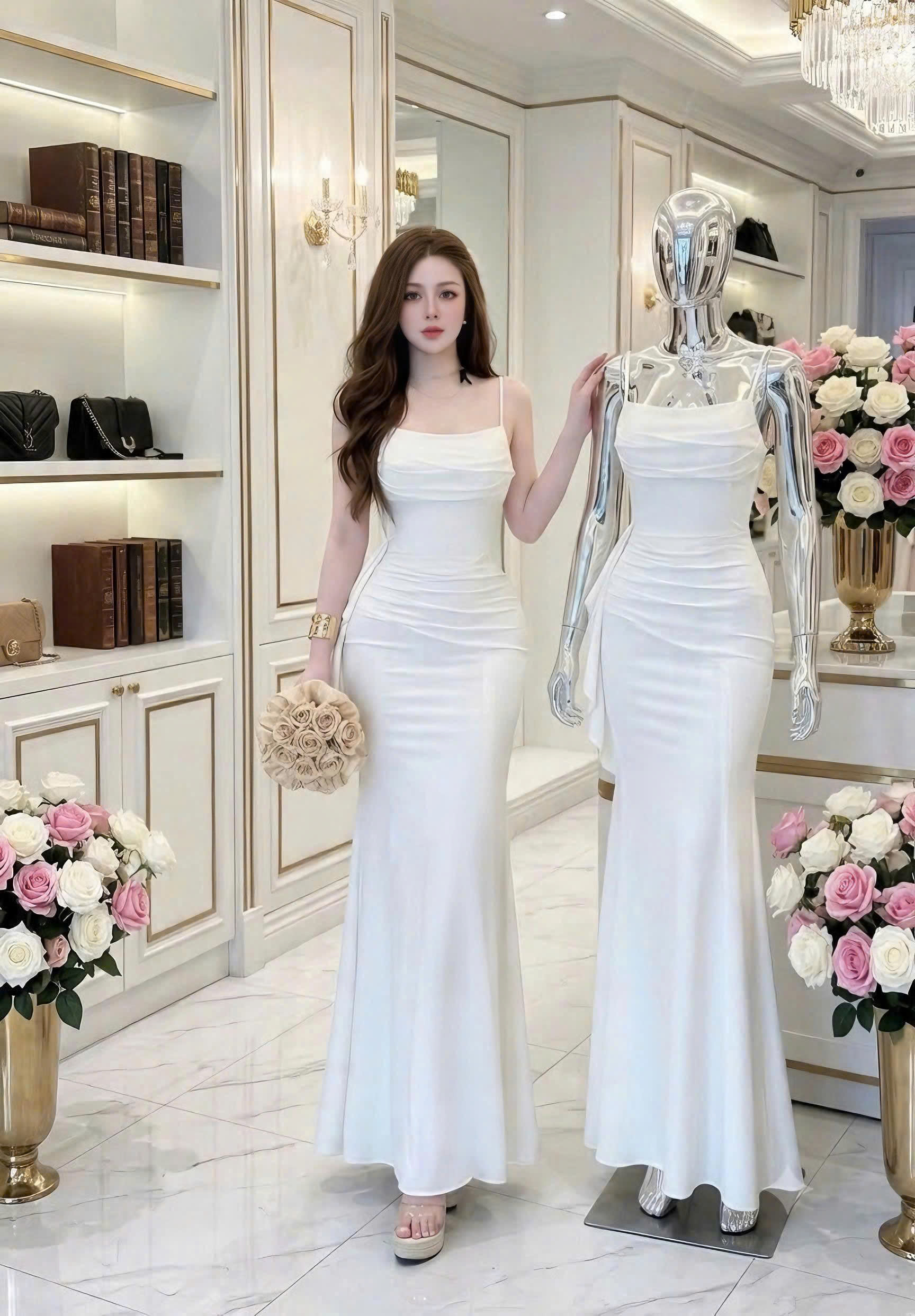 Đầm Dạ Hội Đuôi Cá Hai Dây Phối Nhún