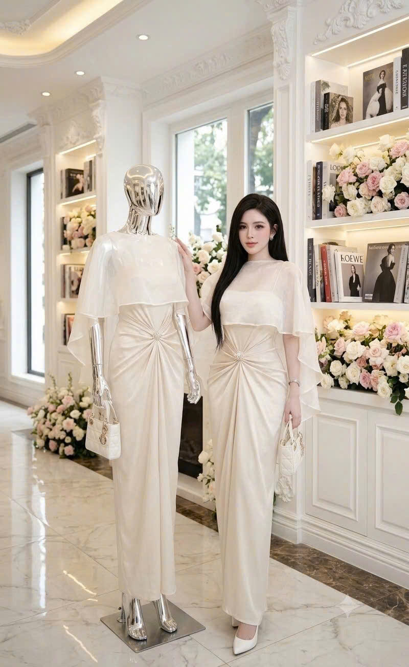 Đầm Dạ Hội Dáng Dài Phối Choàng Voan