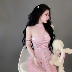 Váy Body Cổ Yếm Chéo Phối Voan Nhún