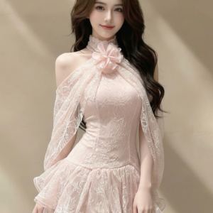 Váy Cổ Yếm Hoa Hồng Phối Ren Tơ Bồng Bềnh Hồng Pastel